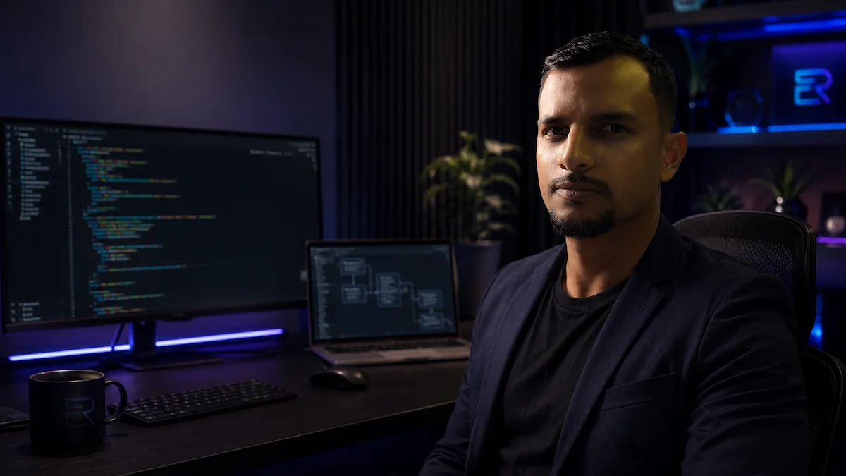 Jonathan Reis, fundador da EngeTech Reis, em frente ao setup de desenvolvimento